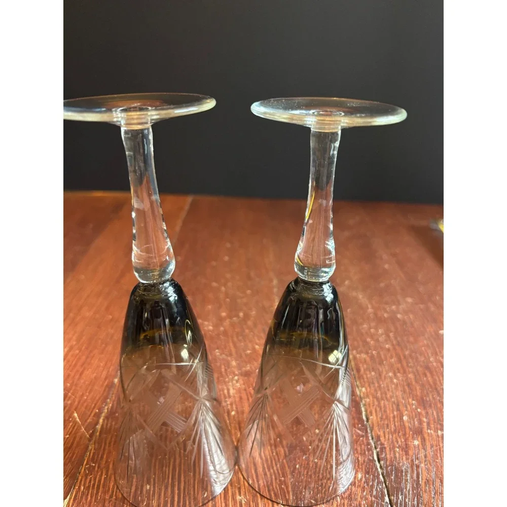 Vintage Smoke Gray Cut Glass Champagne Flutes Set of 2 Etched Crystal Barware